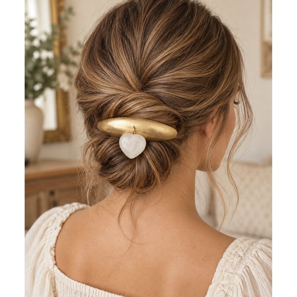 Free People Your Love 14K Gold Plated White Heart Charm Barrette Hair Clip NWT